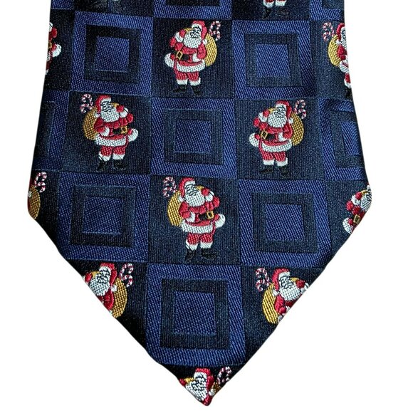 Vintage Santa Claus Silk Neck Tie Navy Blue Toy Sack Candy Cane Squares Hallmark - Picture 2 of 7